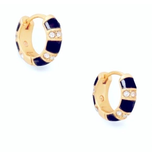 NWT Kate Spade Black & Gold with Dazzling Clear Stones Mini Hoop Earrings - Picture 3 of 7